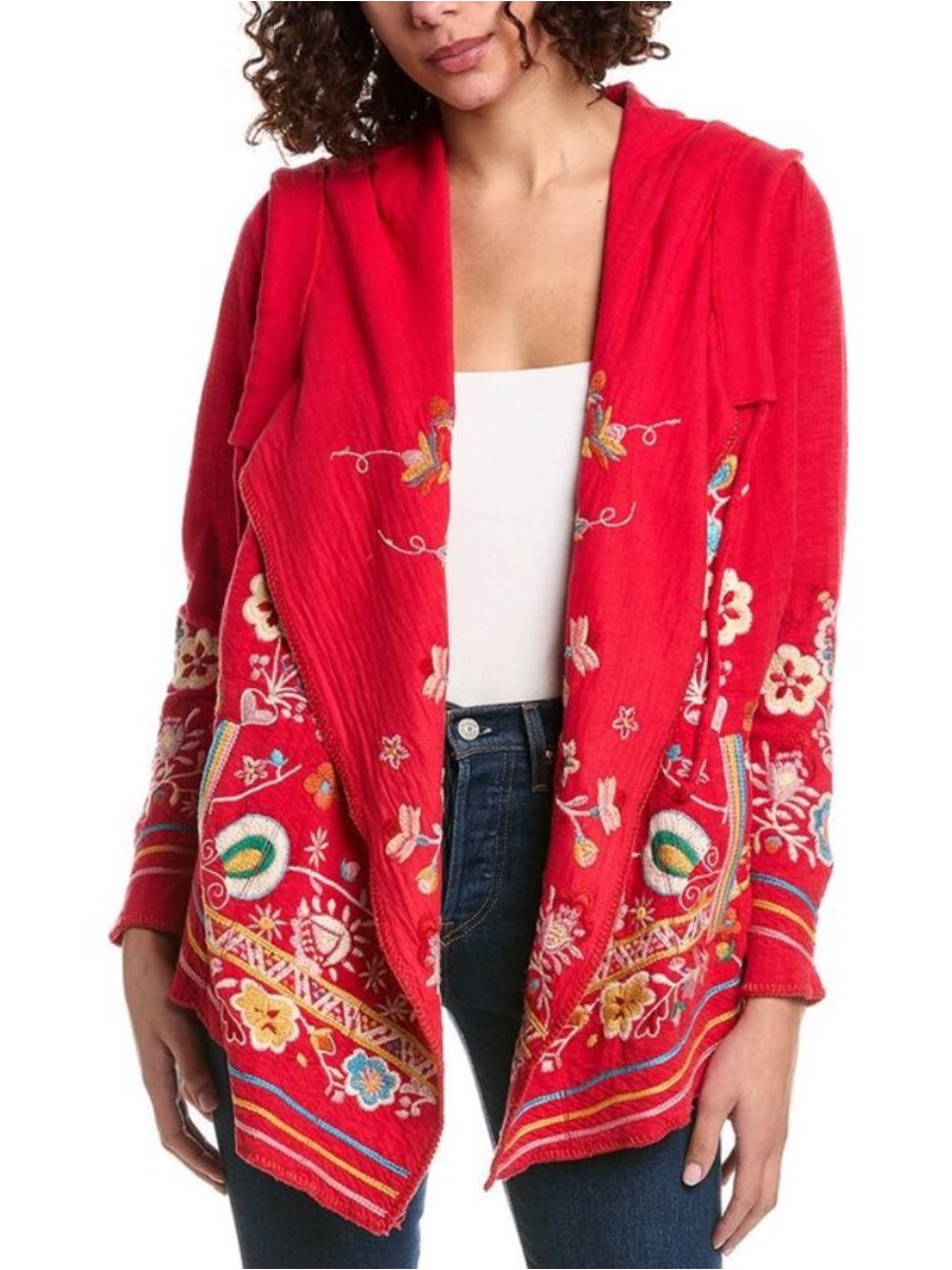 Johnny Was Jemima Hoodie Size Large Embroidered Floral Boho Cotton Red Sweater